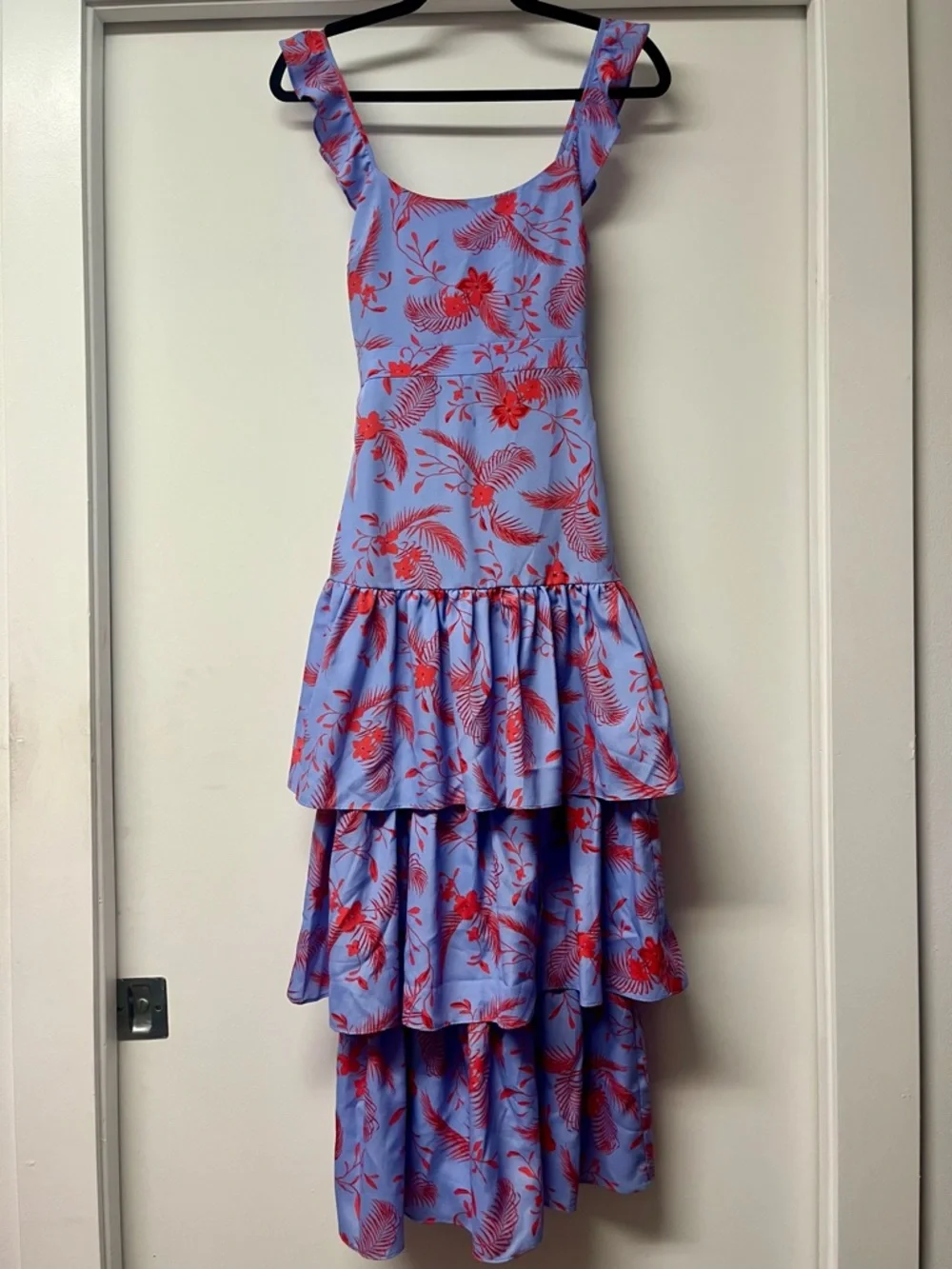 Likely Juno Lavender Tiered Ruffled Midi Dress w Bright Red Floral Design - Picture 4 of 10